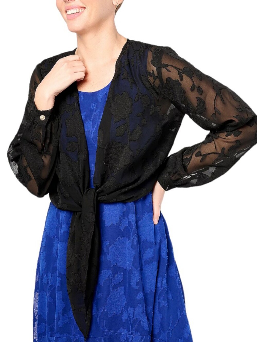 Susan Graver Clip Jacquard Chiffon Long Sleeve Tie Front Shrug NEW WITHOUT TAGS
